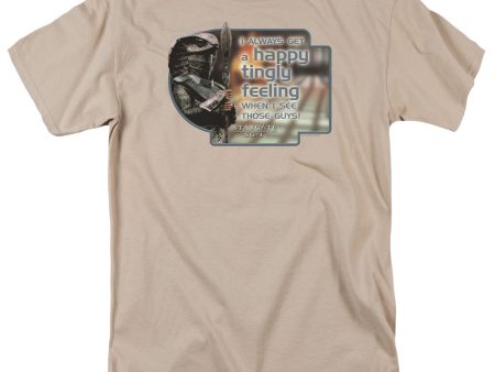 STARGATE SG1 : HAPPY FEELING S\S ADULT 100% COTTON 18\1 T-SHIRT SAND SM For Sale