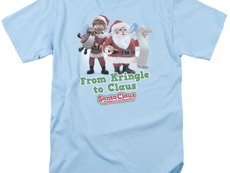 SANTA CLAUS IS COMIN TO TOWN : KRINGLE TO CLAUS S\S ADULT 100% COTTON 18\1 T-SHIRT Light Blue 2X on Sale