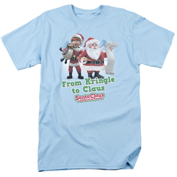 SANTA CLAUS IS COMIN TO TOWN : KRINGLE TO CLAUS S\S ADULT 100% COTTON 18\1 T-SHIRT Light Blue 2X on Sale